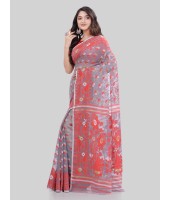 Women`s Phulkari Resham Dhakai jamdani Bengal Pure Cotton Handloom Saree Whole Body Design without Blouse Piece (Grey Red)